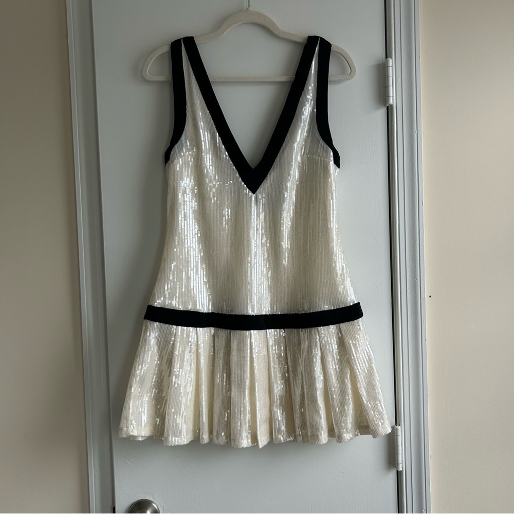 Blue Blush White Sequin Mini Dress with Black Trim
